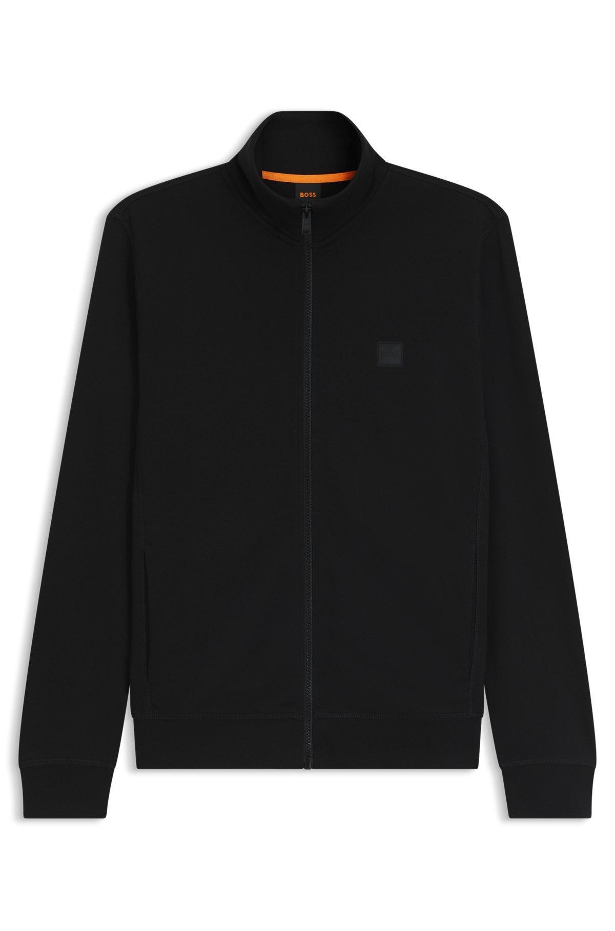 BOSS - Zip-up jacket in cotton terry with logo badge - Black Product Image