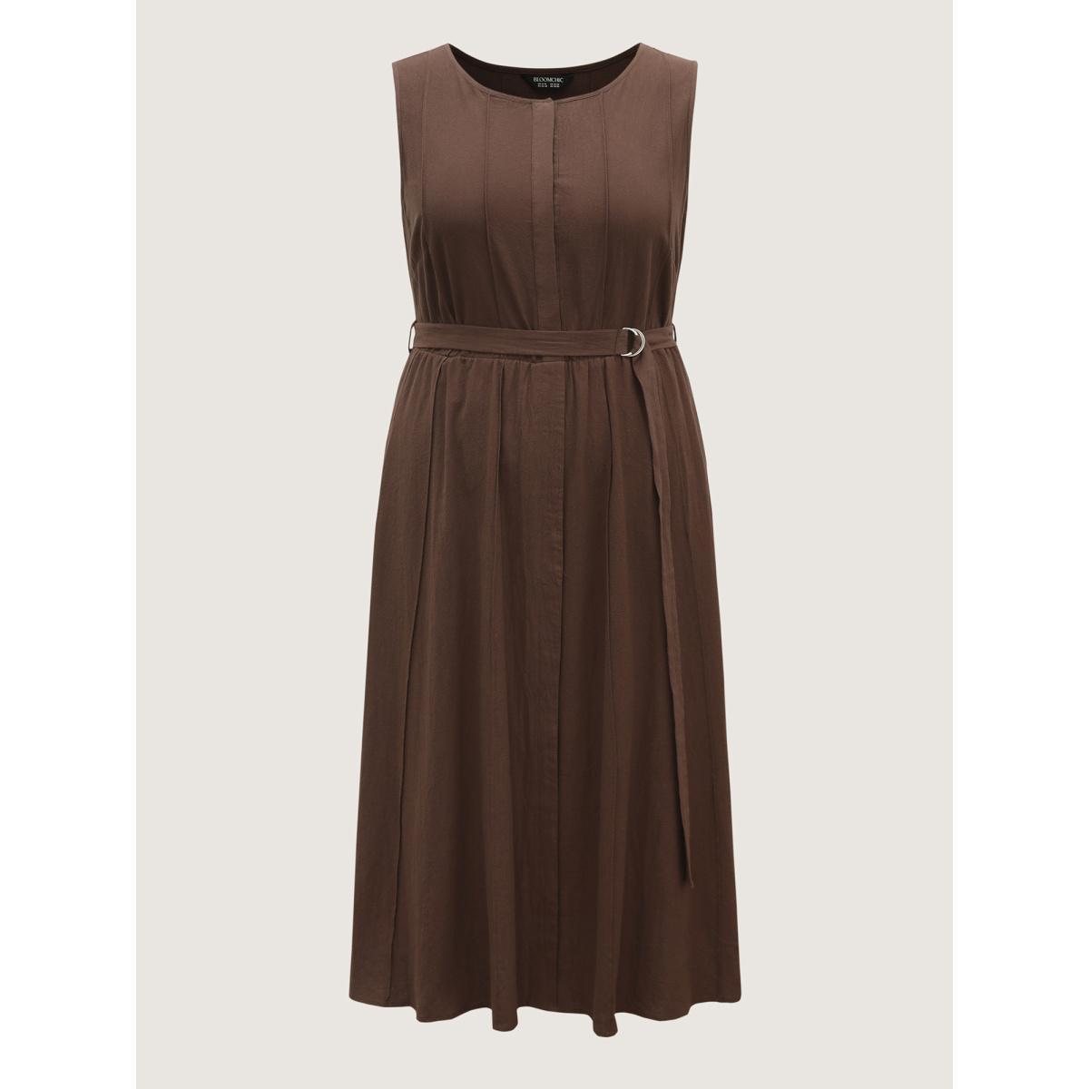 Plus Size Pure Cotton Adjustable Belt Placket Midi Dress Browncoffeecolor Women Office Tucked seam Round Neck Sleeveless Curvy BloomChic 12/L Product Image