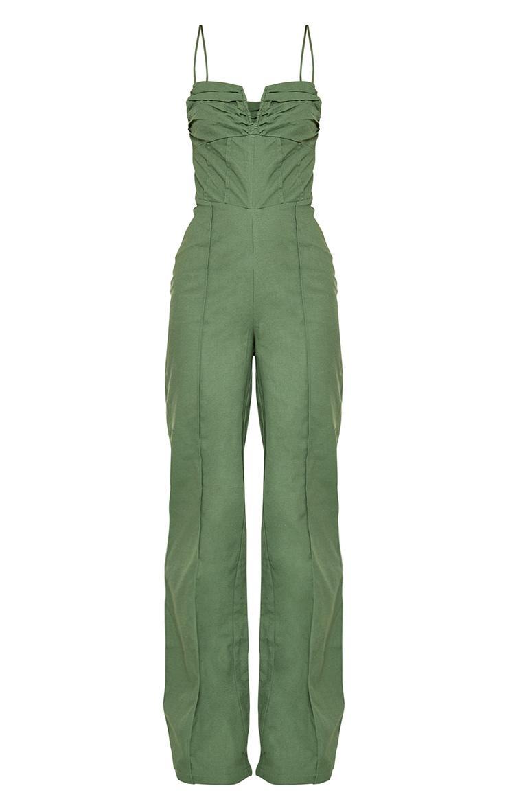 Khaki Woven V Bar Corset Detail Wide Leg Jumpsuit Product Image