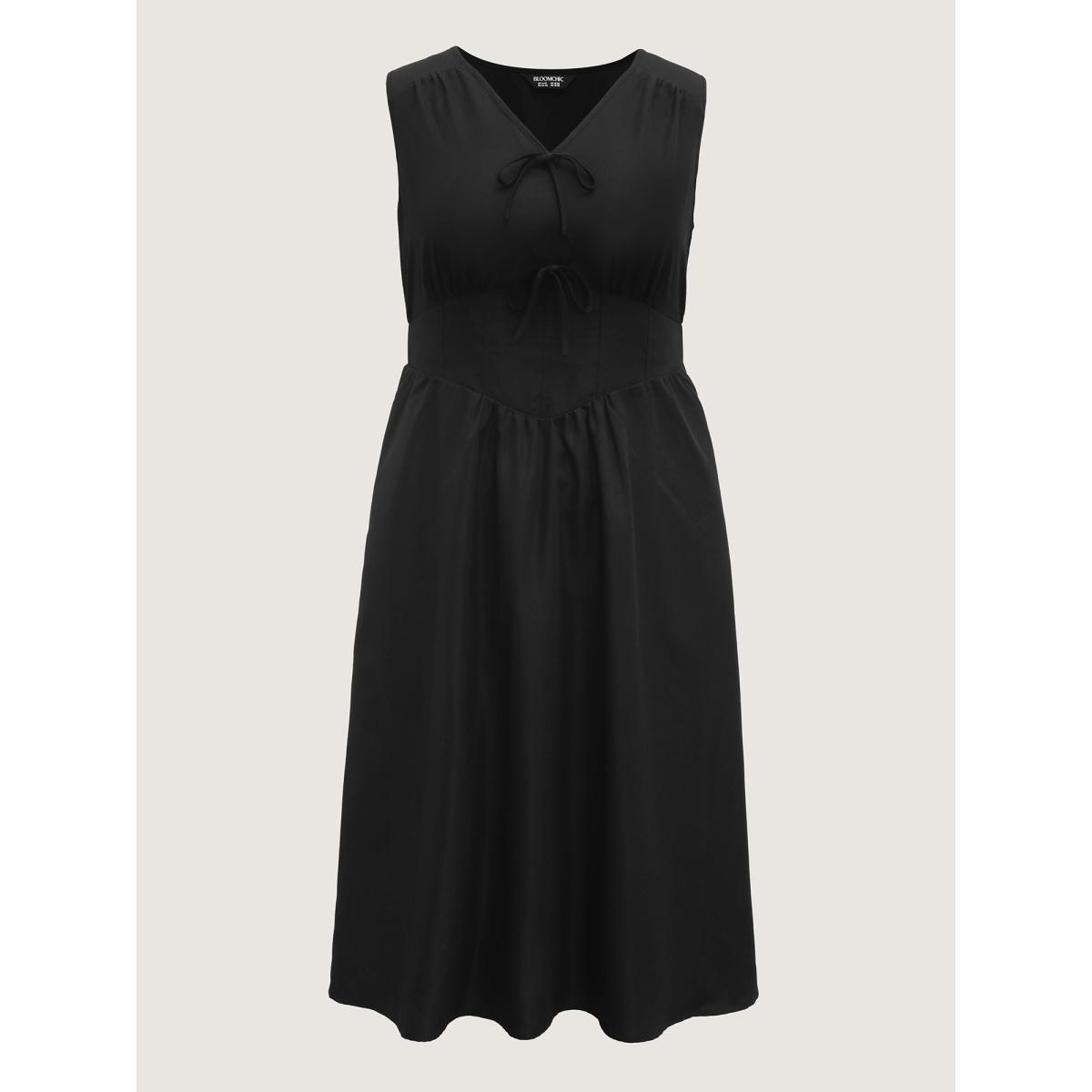 Plus Size Bow Tie Drop Waist Shirred Midi Dress Black Women Timeless Tie knot V-neck Sleeveless Curvy BloomChic 10/M Product Image