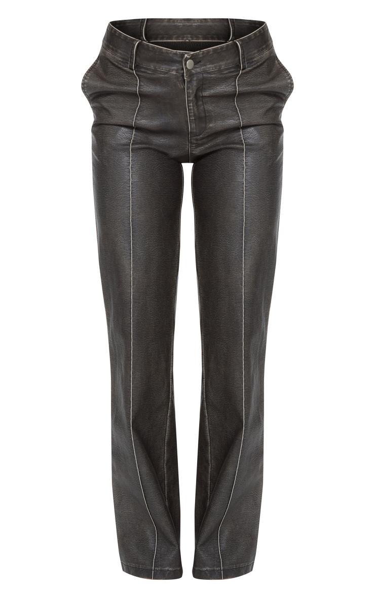 Premium Dark Brown Washed Faux Leather Dip Waist Flared Pants Product Image