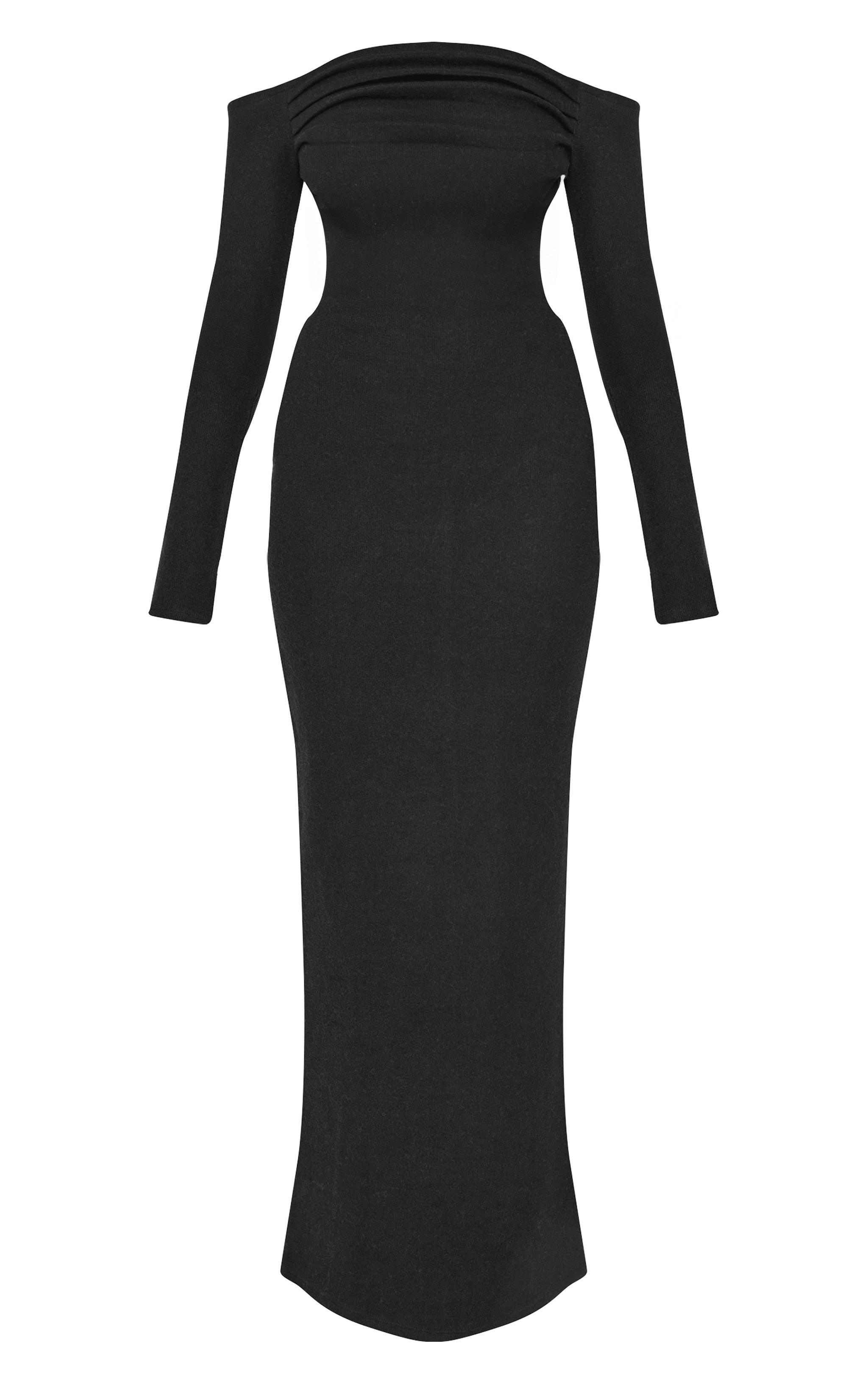  Black Heavy Rib Bardot Long Sleeve Maxi Dress Product Image