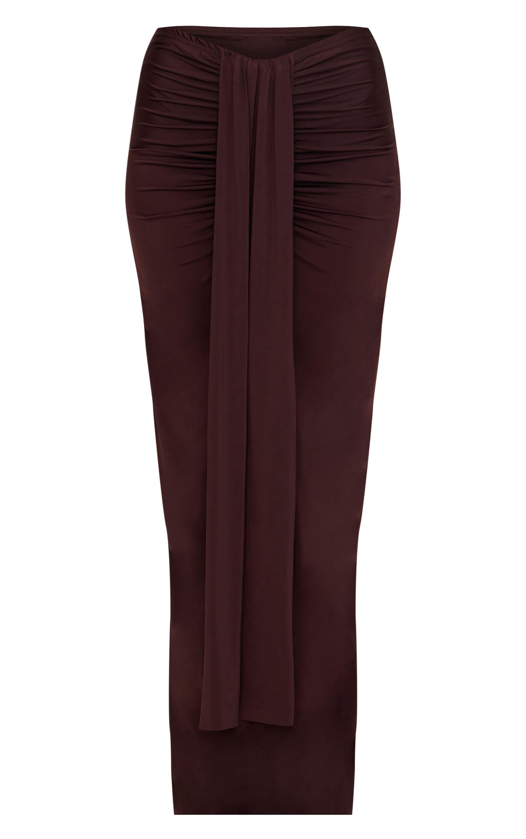 Chocolate Slinky Drape Front Ruched Maxi Skirt Product Image