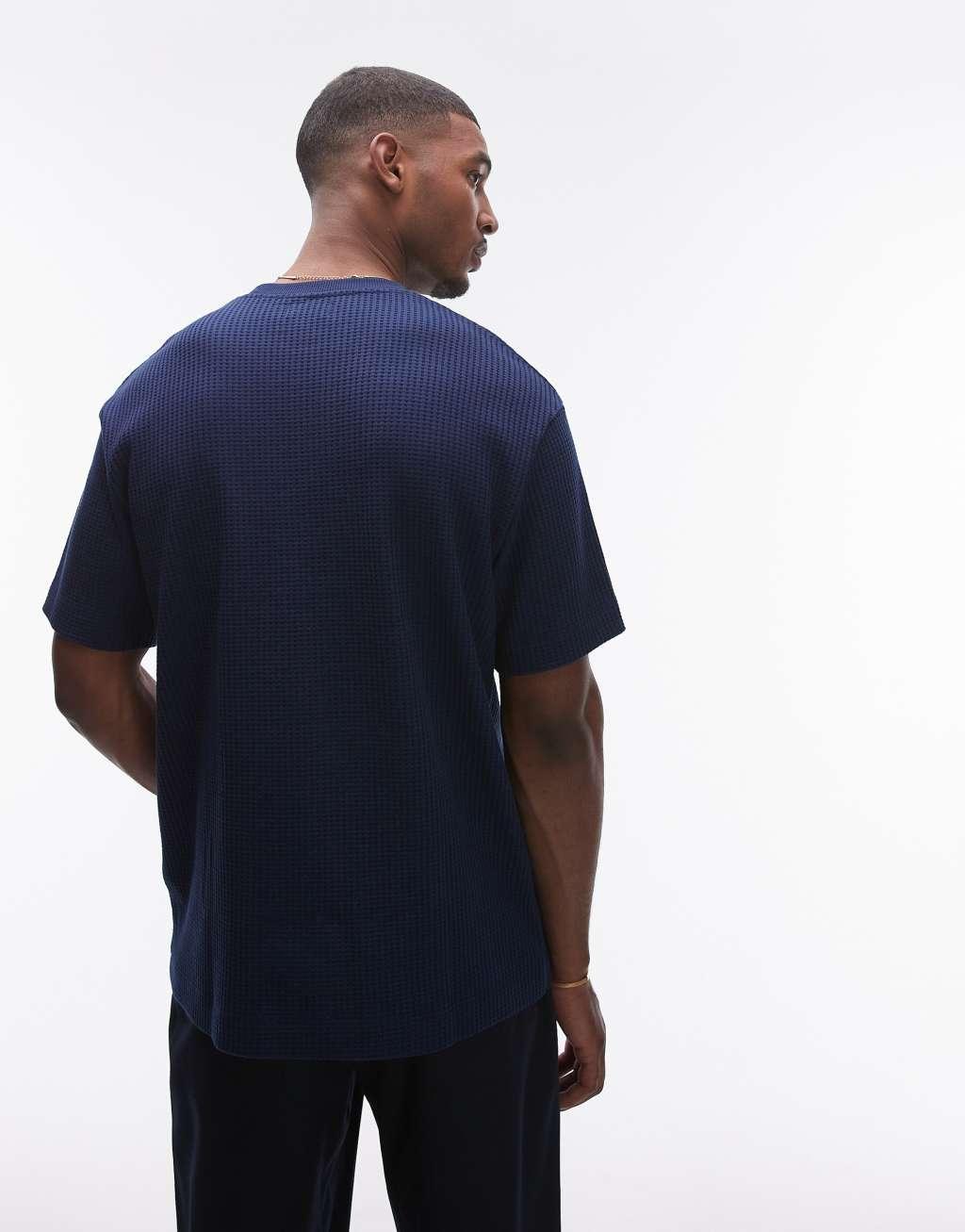 Topman oversized fit waffle T-shirt in navy Product Image