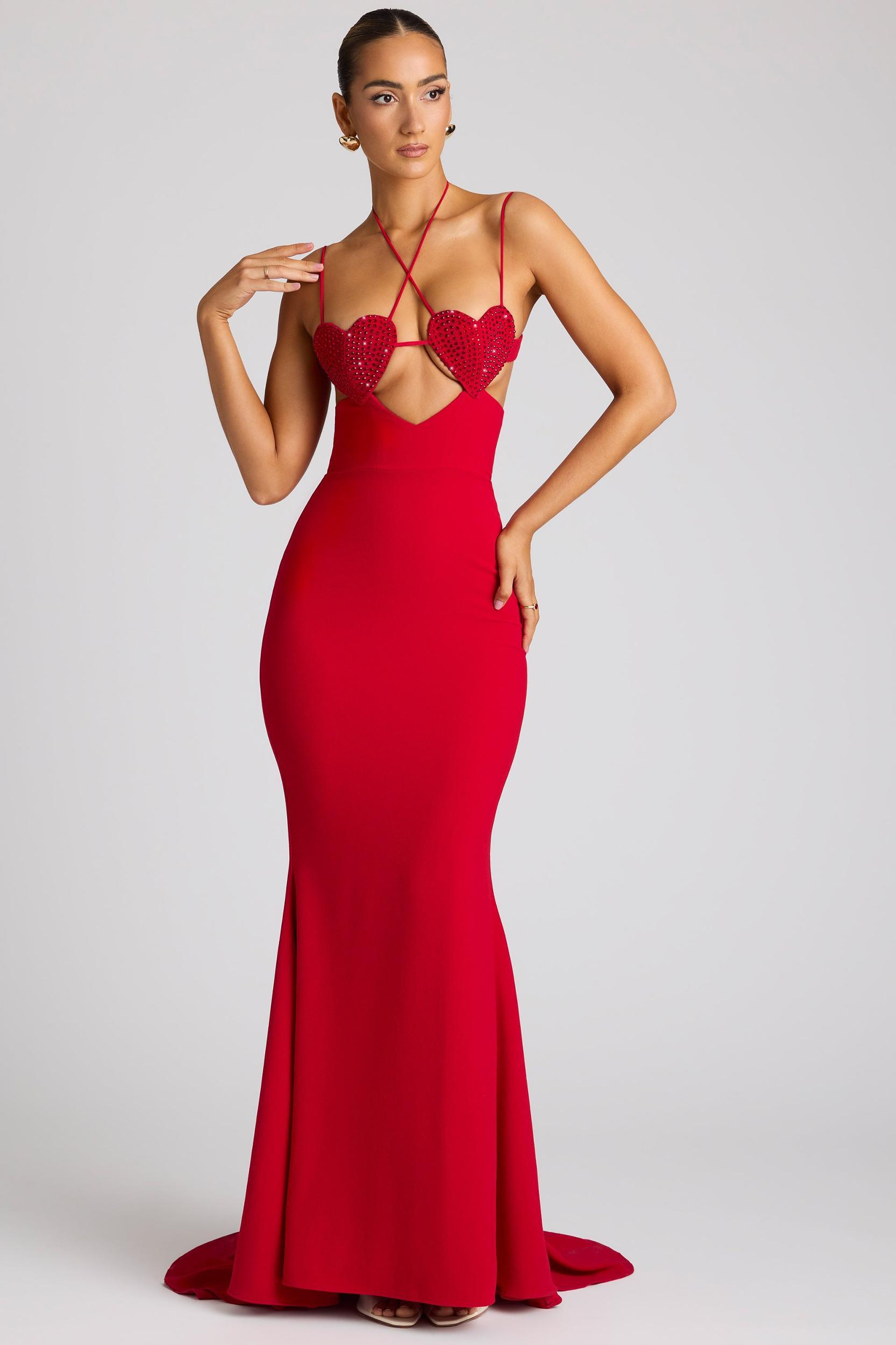 Embellished Heart Cup Detail Evening Gown in Fire Red Product Image
