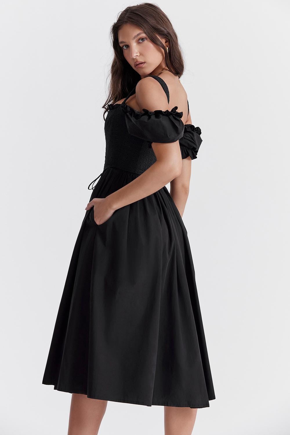 Silvana Black Puff Sleeve Midi Sundress Product Image