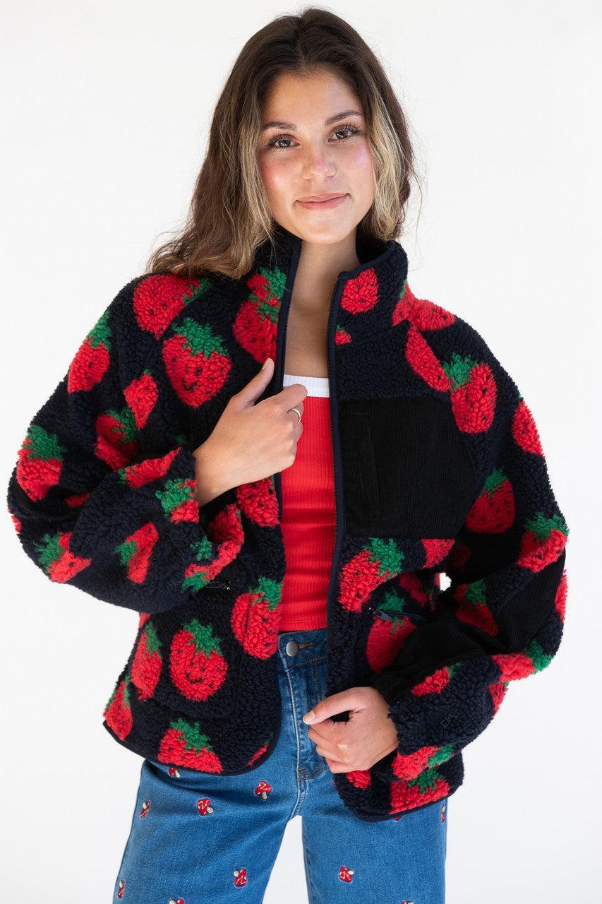 Fruit Pattern Corduroy Detail Faux Sherpa Jacket Product Image