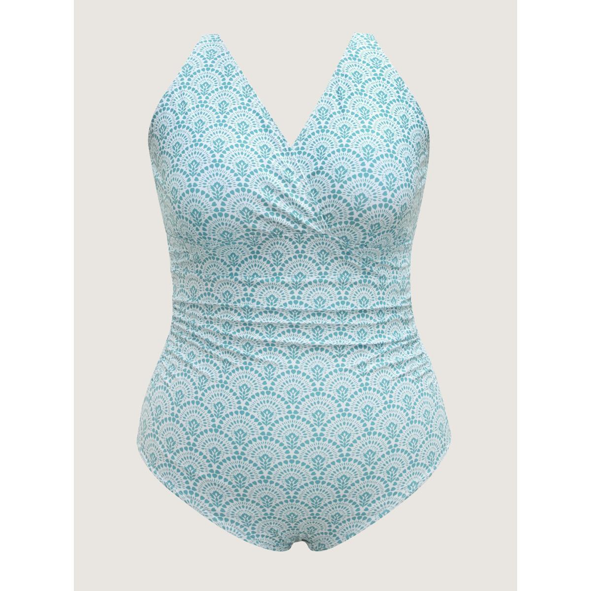 Plus Size Geometric Print Surplice One-Piece Swimsuit Women's Swimwear Emerald Resort Gathered Curve Bathing Suits High stretch One Pieces BloomChic 30/6X Product Image