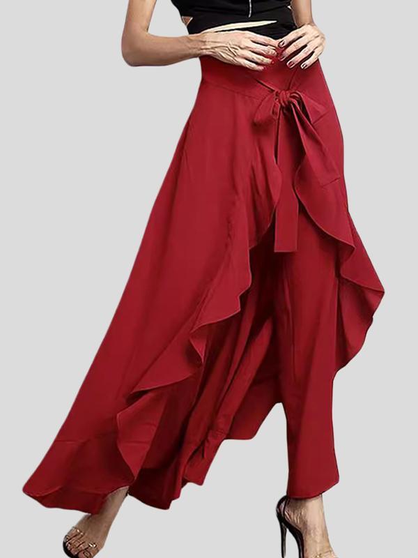 Loose Ruffle Trim Solid Color Split-Joint Tied Waist Zipper Culotte Product Image
