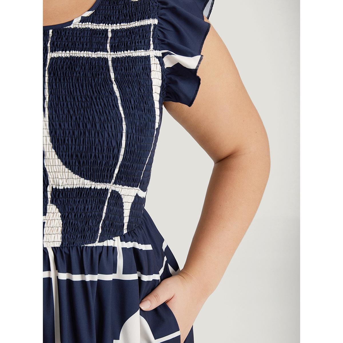 Plus Size Geometric Pocket Flutter Sleeve Shirred Dress Navy Women Office Pocket Round Neck Cap Sleeve Curvy Midi Dress BloomChic 28/5X Product Image
