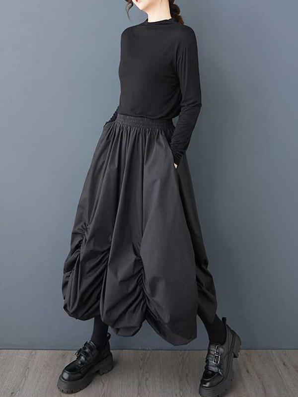 Loose Wide Leg Elasticity Pleated Pockets Solid Color Culotte Ninth Pants Product Image