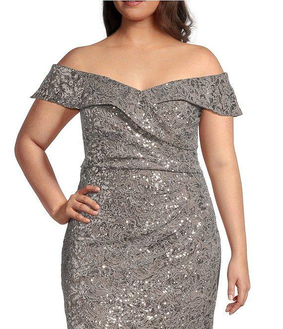 Alex Evenings Plus Size Off the Shoulder Short Sleeve Sequin Lace Gown Product Image