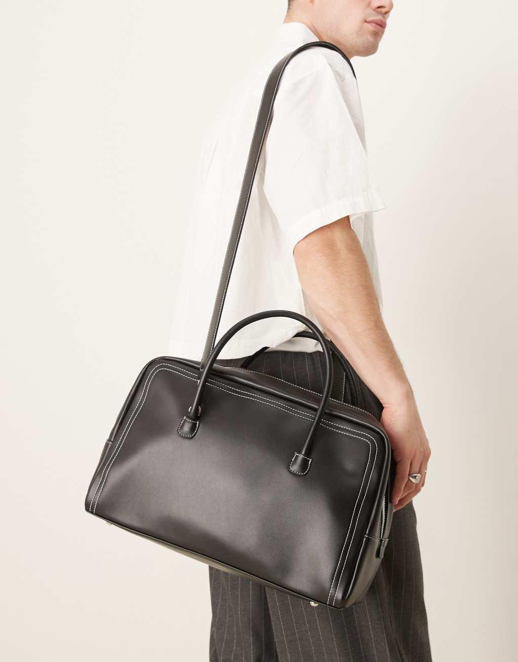 ASOS DESIGN faux leather holdall with contrast stitch in black Product Image