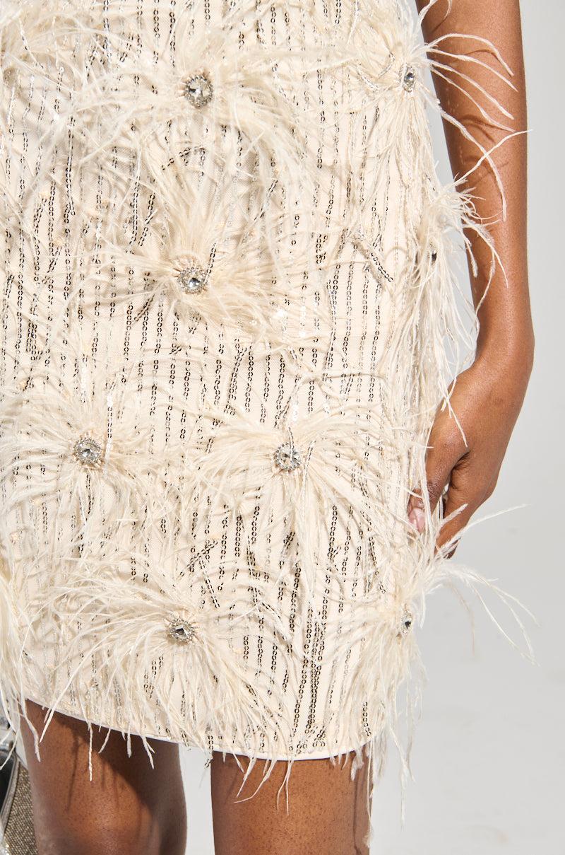 GLITZ AND GLAM FEATHER MINI DRESS Product Image