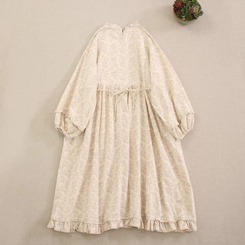 Puff-Sleeve Floral Midi Smock Dress Product Image