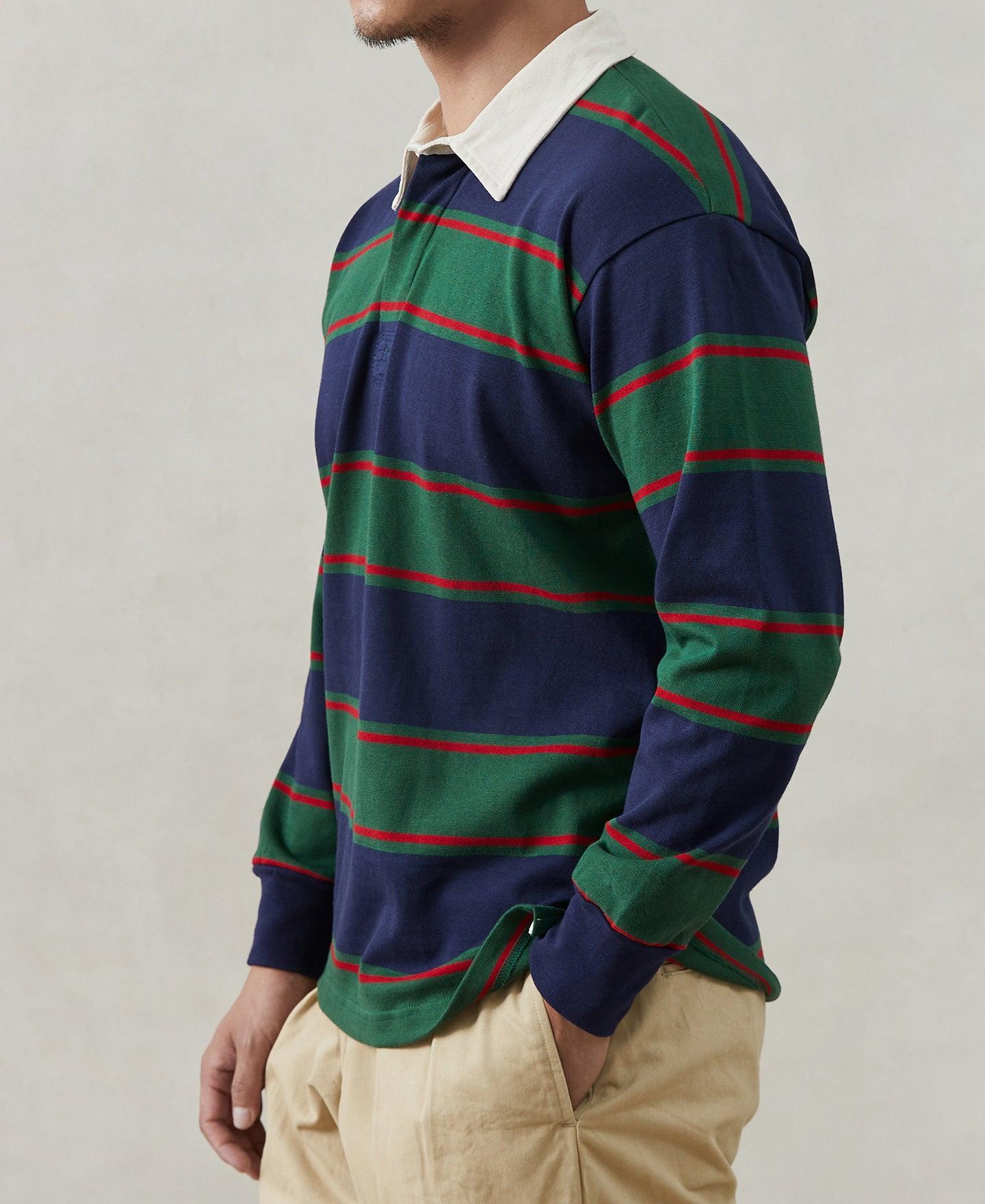 Classic Fit Striped Jersey Rugby Shirt - Green/Navy/Red Product Image