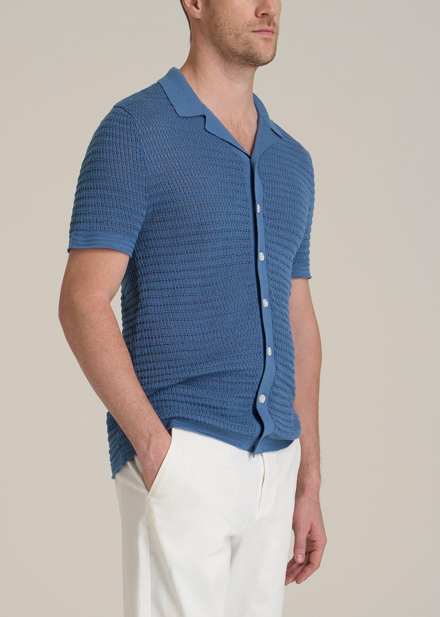 Short Sleeve Crochet Polo Cardigan for Tall Men in Deep Cobalt Male Product Image