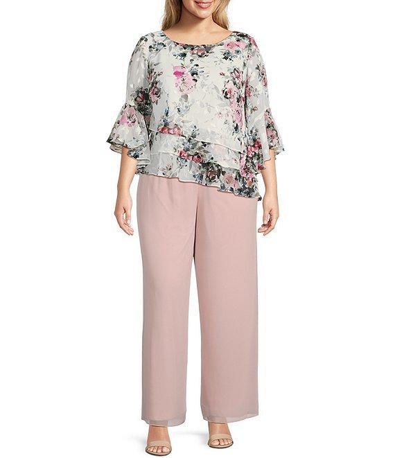 Alex Evenings Plus Size 3/4 Bell Sleeve Crew Neck Triple Tier Asymmetrical Hem Floral Chiffon Blouse Product Image