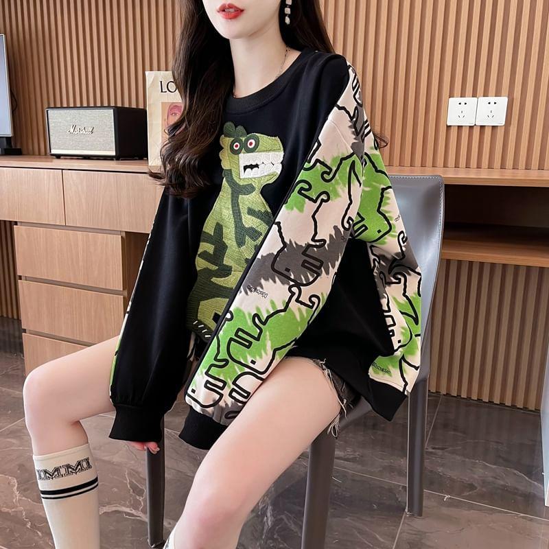 Crew Neck Dinosaur Print Oversized Pullover Product Image