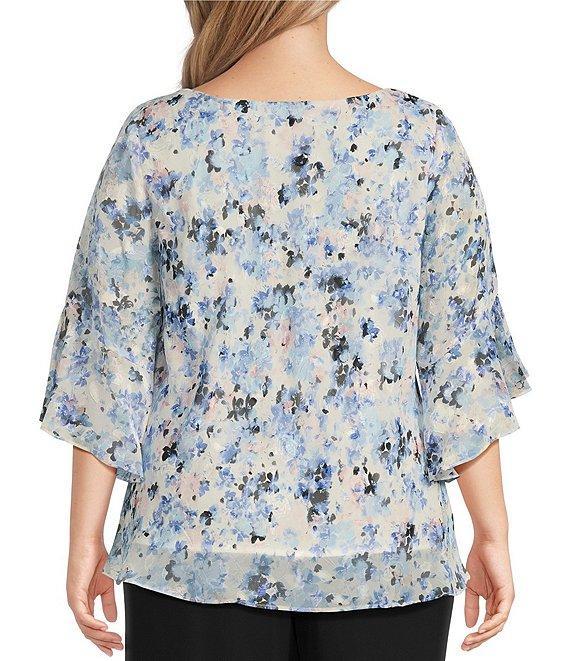 Alex Evenings Plus Size Chiffon Scoop Neck 3/4 Bell Sleeve Tulip Hem Blouse Product Image