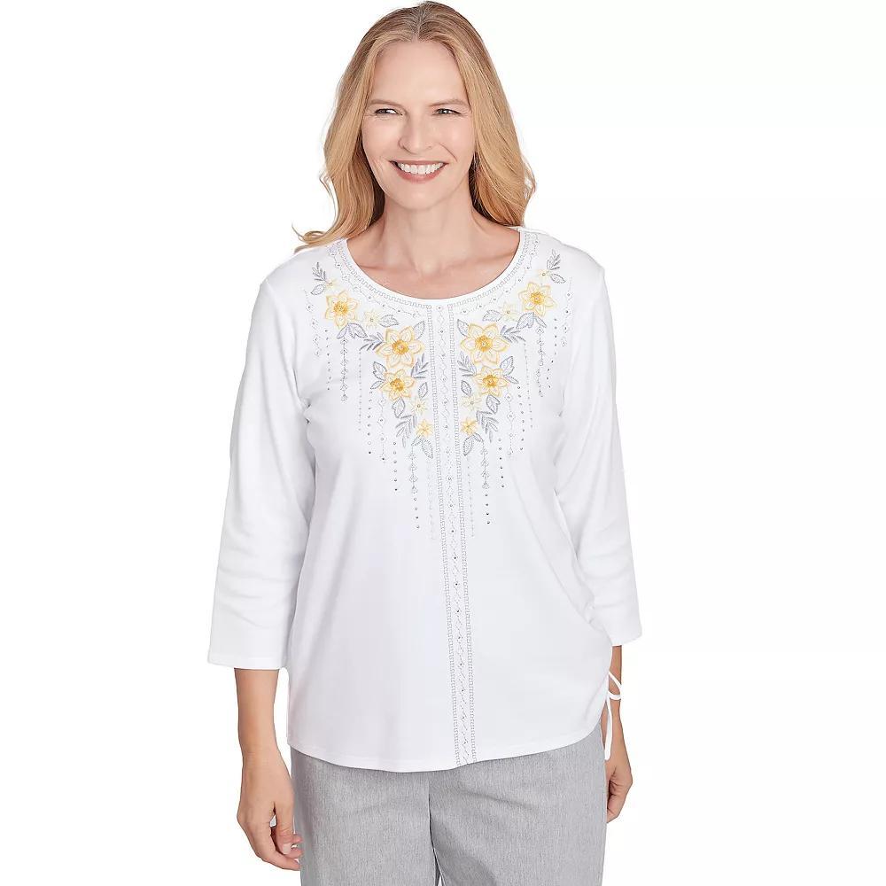 Petite Alfred Dunner Linear Knit Floral Embroidered Crewneck Top, Women's, Size: XL Petite, White Product Image