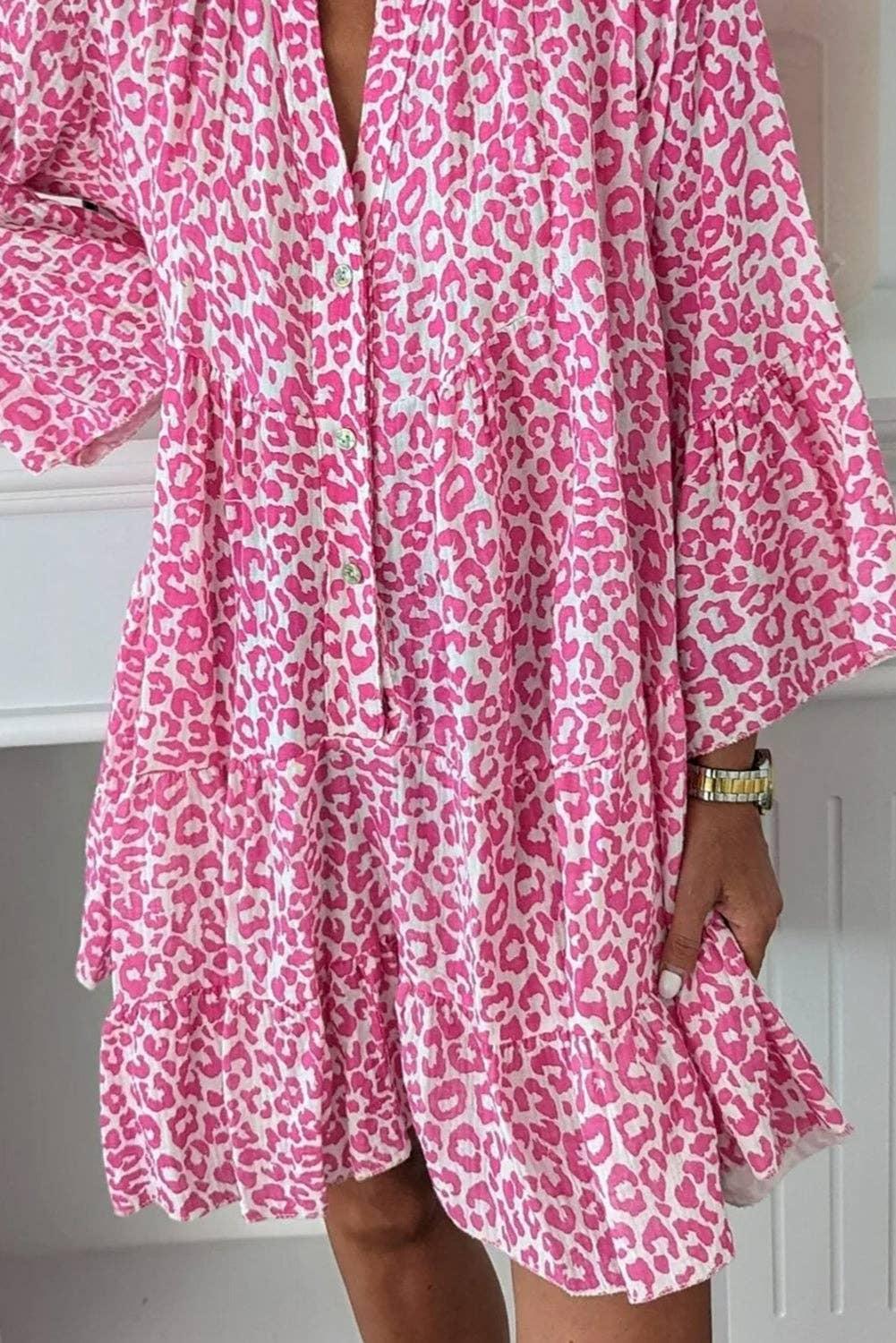 Leopard Long Sleeve Mini Dress: Bright Pink Product Image