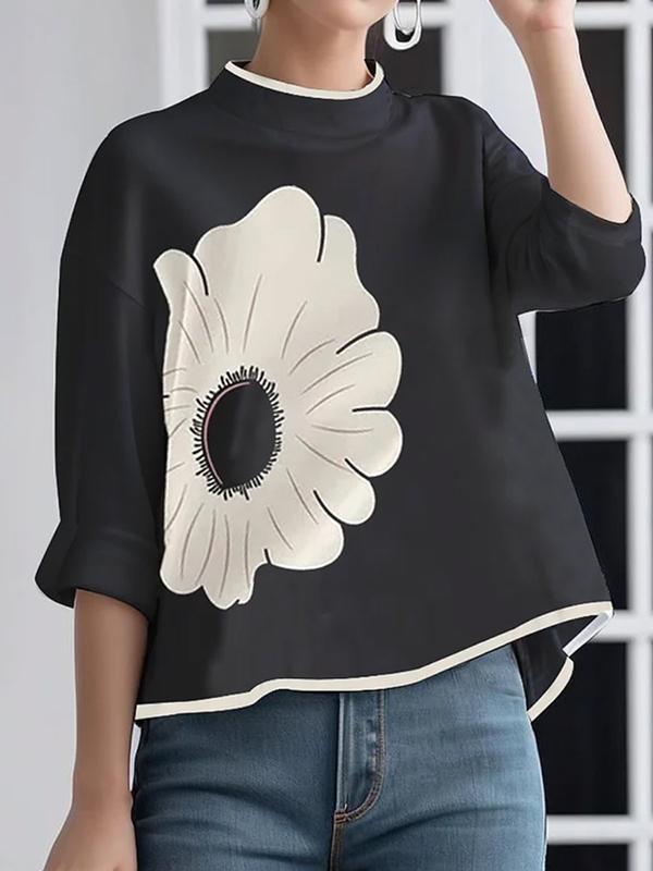 A-line High-low Flower Print Mock Neck T-Shirts Tops Product Image