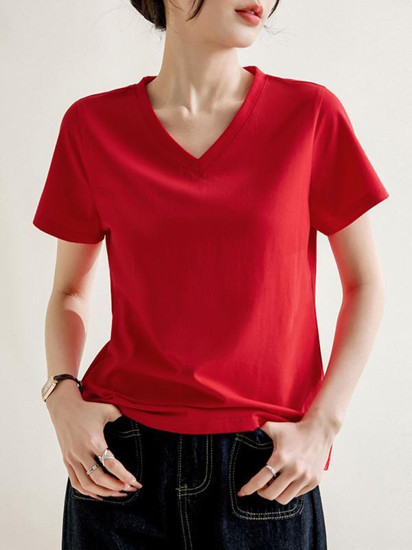 Loose Short Sleeves Solid Color V-Neck T-Shirts Tops Product Image