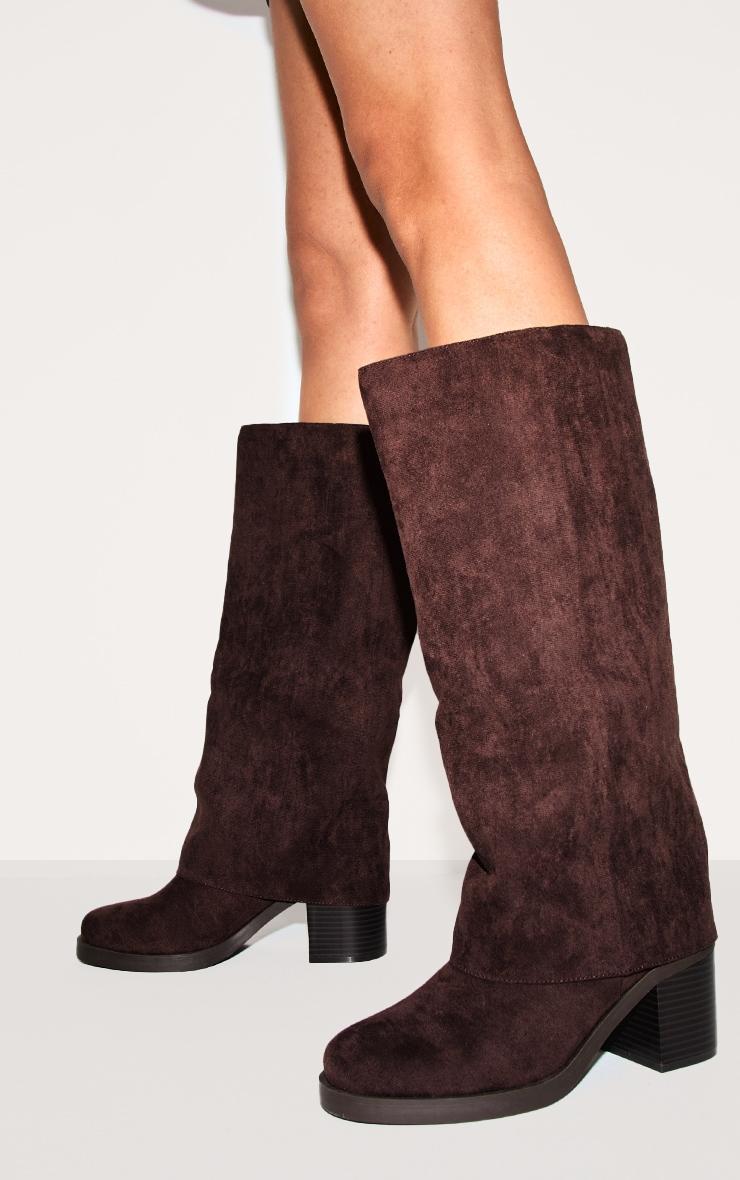 Chocolate Faux Suede Round Toe Fold Over Low Block Heel Boots Product Image