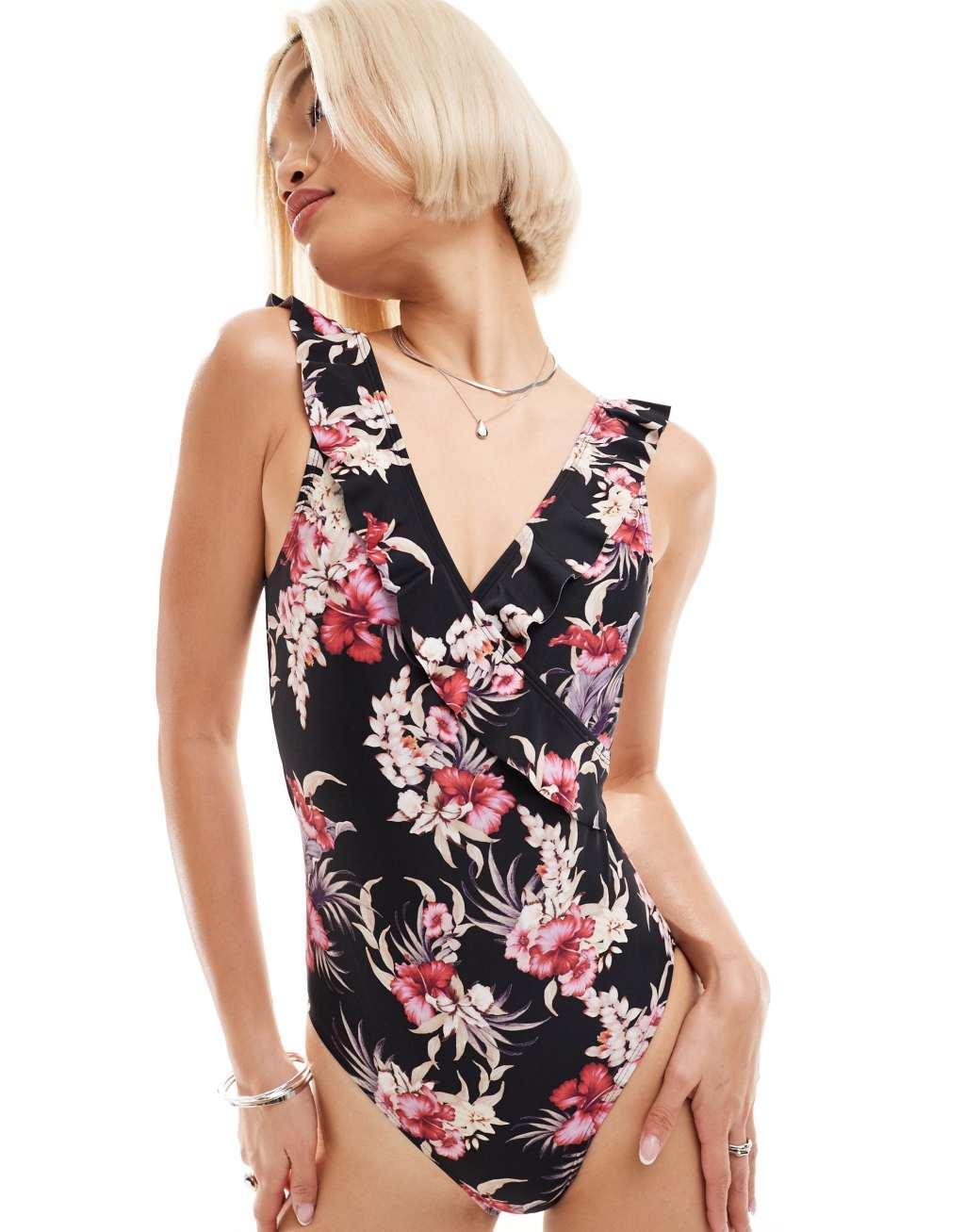 Oasis swimsuit in black floral print Product Image