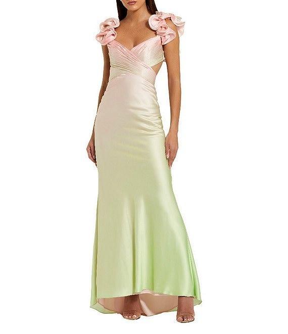Mac Duggal V-Neck Ruffle Shoulder Side Cut Out Ombre Charmeuse Satin Sheath Gown Product Image