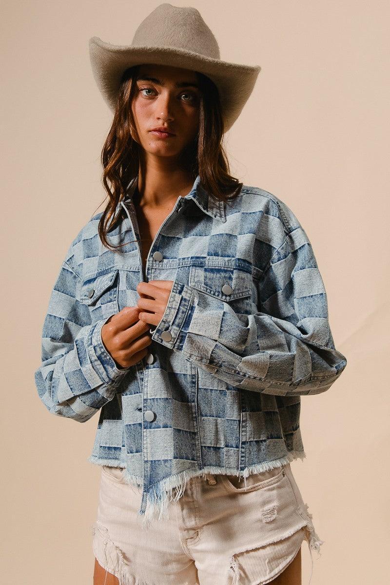 WASHED CHECKER DENIM DISTRESSED HEM JACKET Product Image