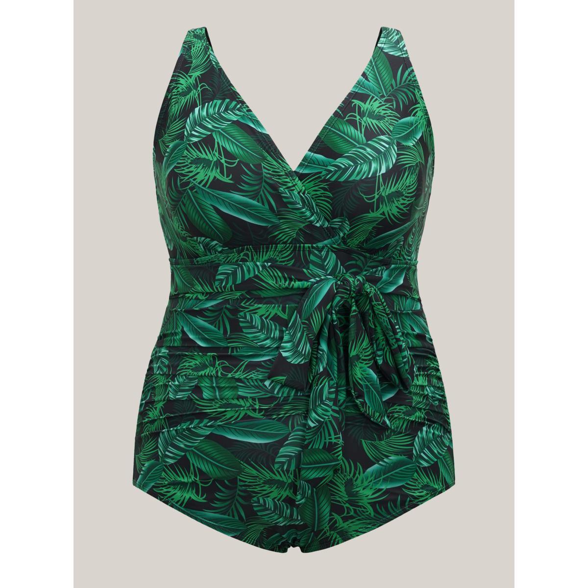 Plus Size Tropical Leaf Print One-Piece Swimsuit Women's Swimwear DarkGreen Beach Tie knot Curve Bathing Suits High stretch One Pieces BloomChic 26/4X Product Image