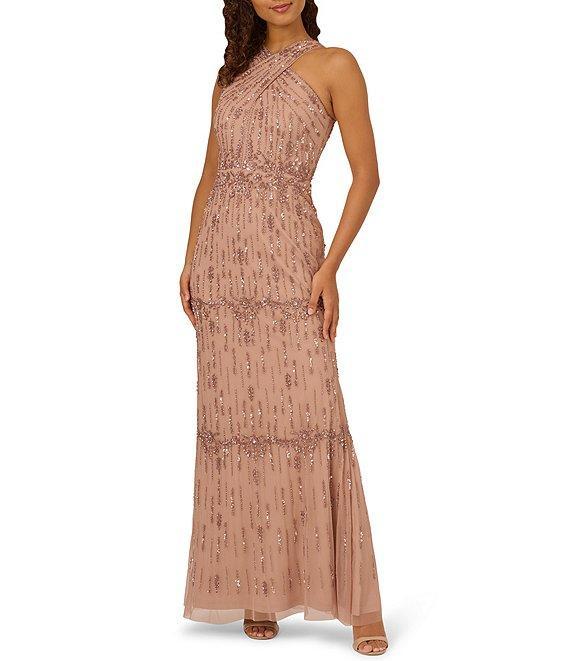 Adrianna Papell Criss Cross Halter Beaded Mesh Sheath Gown Product Image