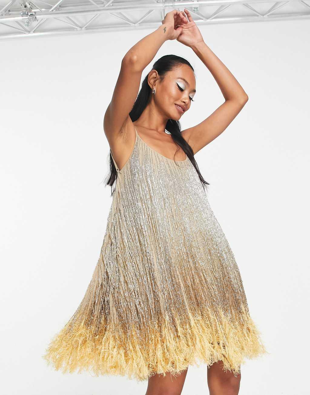 ASOS DESIGN cami embellished mini dress with beaded fringe and fluffy hem in ombre Product Image