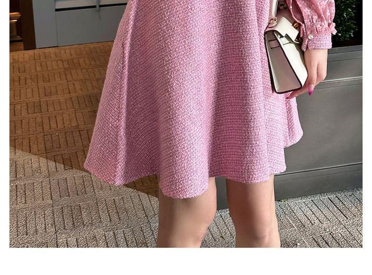 Long-Sleeve Crewneck Mesh Panel Mini A-Line Dress Product Image