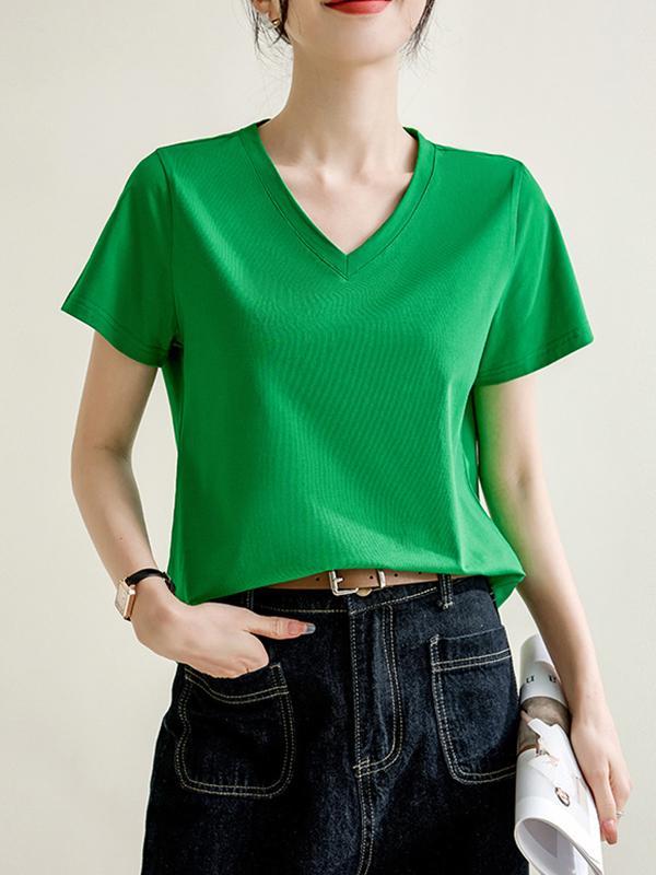 Loose Short Sleeves Solid Color V-Neck T-Shirts Tops Product Image