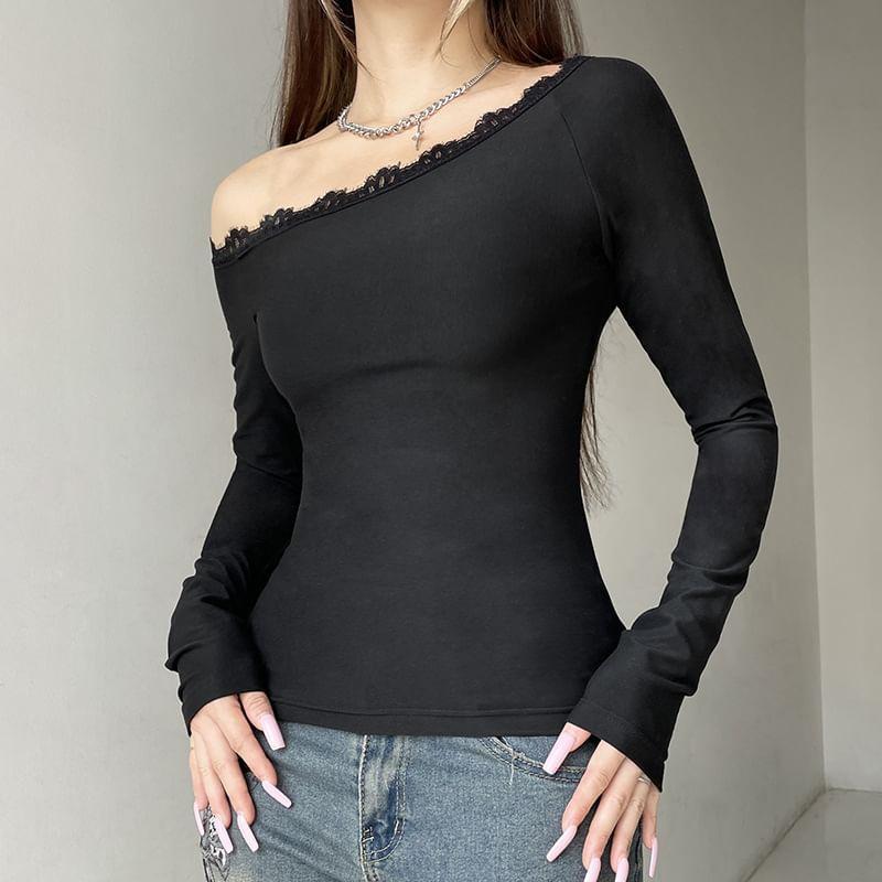 Long Sleeve One Shoulder Plain Lace Trim Top Product Image