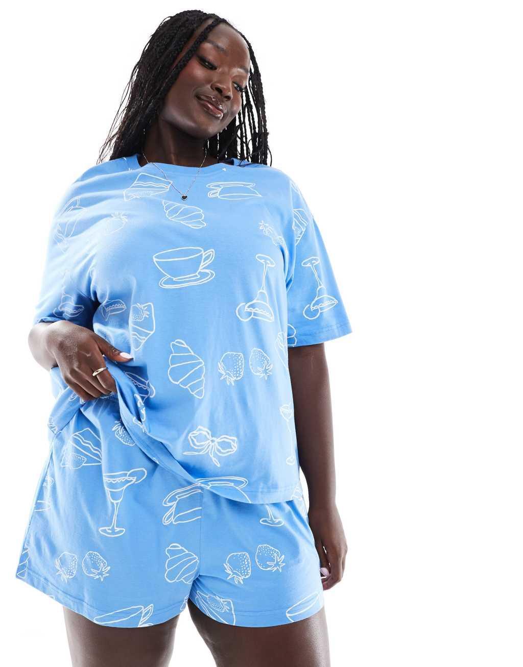 ASOS DESIGN Curve brunch oversized tee & short pajama set in blue Product Image