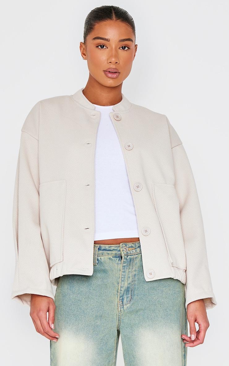 Beige Herringbone Oversized Bomber Jacket Product Image