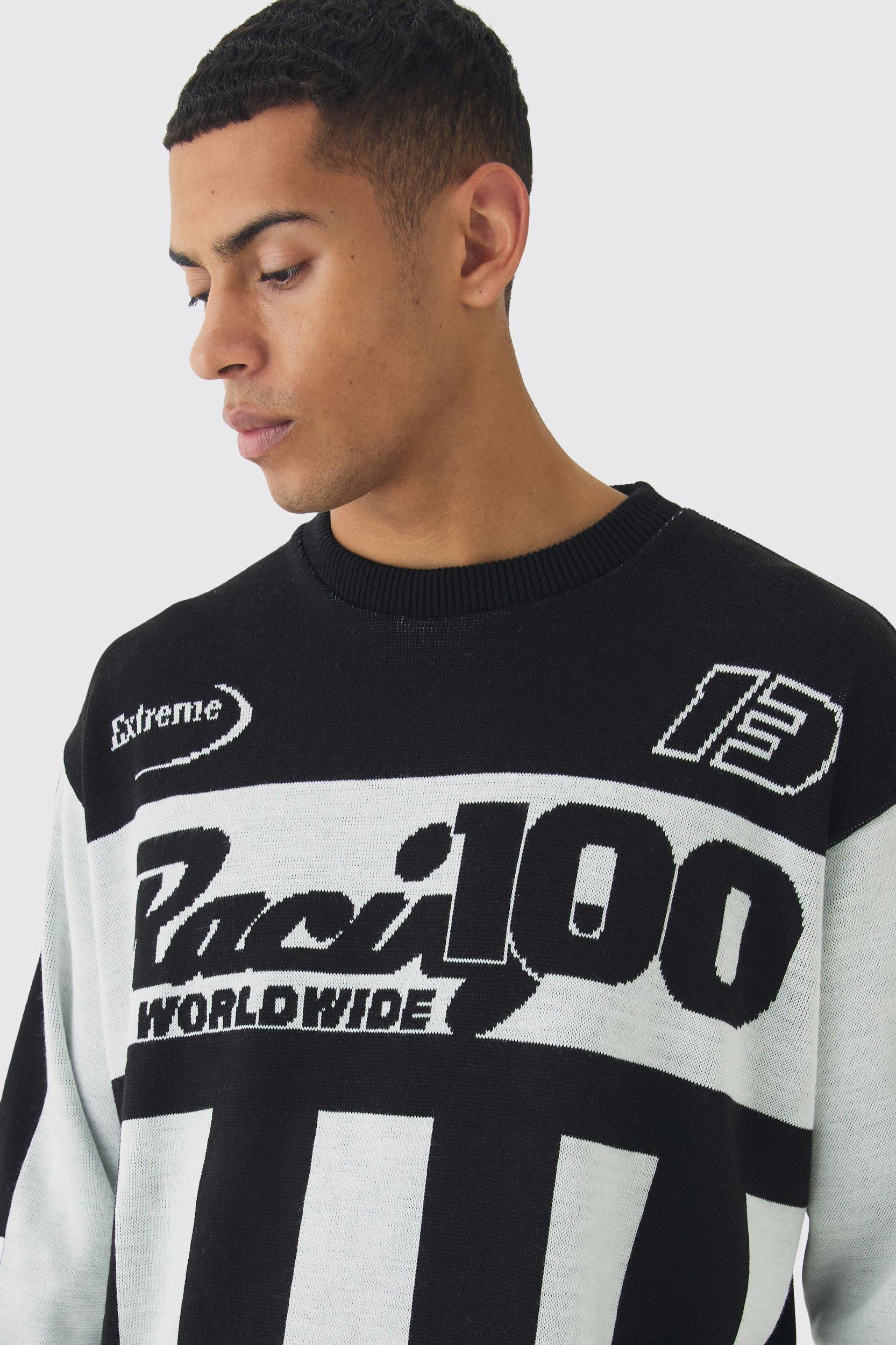 Oversized Boxy Moto Stripe Knitted Sweater | boohooMAN USA Product Image