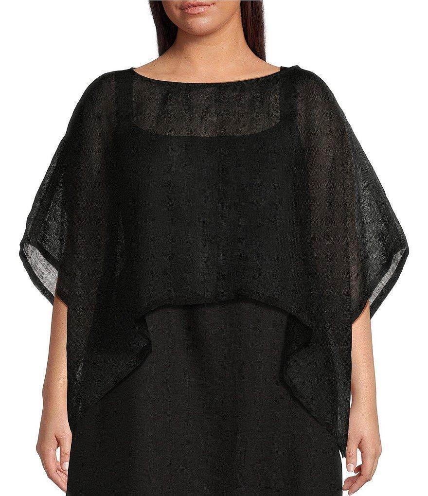 Eileen Fisher Plus Size Delave Organic Linen Round Neck Short Sleeve Cropped Poncho Product Image