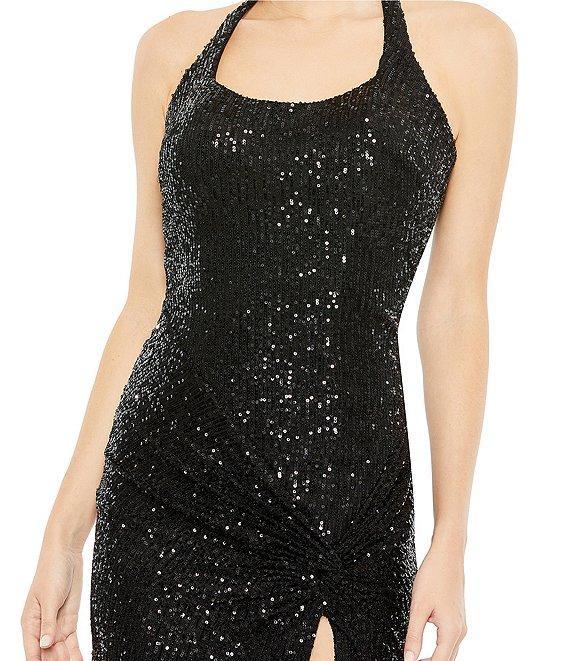 Mac Duggal Sleeveless Halter Square Neck Side Knot Thigh High Slit Sequin Sheath Gown Product Image