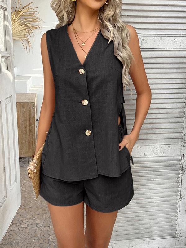 Loose Sleeveless Buttoned Hollow Solid Color V-Neck Vest Top + Pockets Elasticity Shorts Bottom Two Pieces Set Product Image