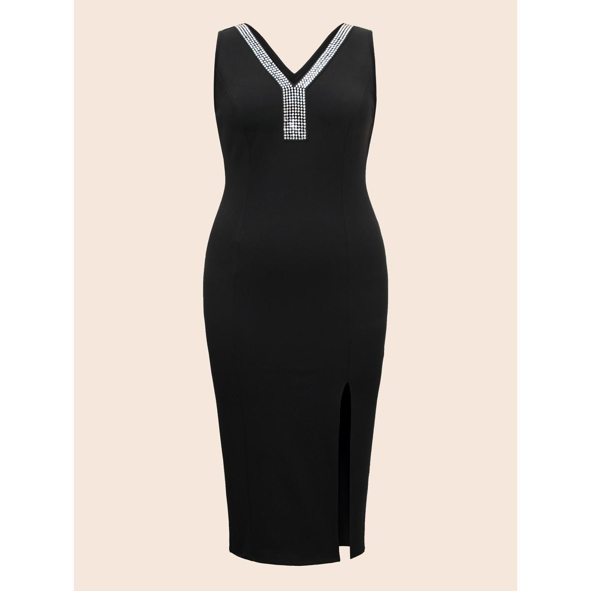 Plus Size Rhinestone V Neck Split Hem Dress Black Women Cocktail Rhinestone detailing V-neck Sleeveless Curvy BloomChic 28/5X Product Image
