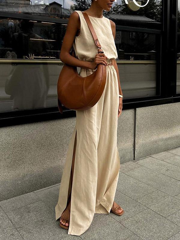 Loose Elasticity Solid Color Split-Joint Round-Neck Vest + High Waisted Split-Side Pants Two Pieces Set Product Image