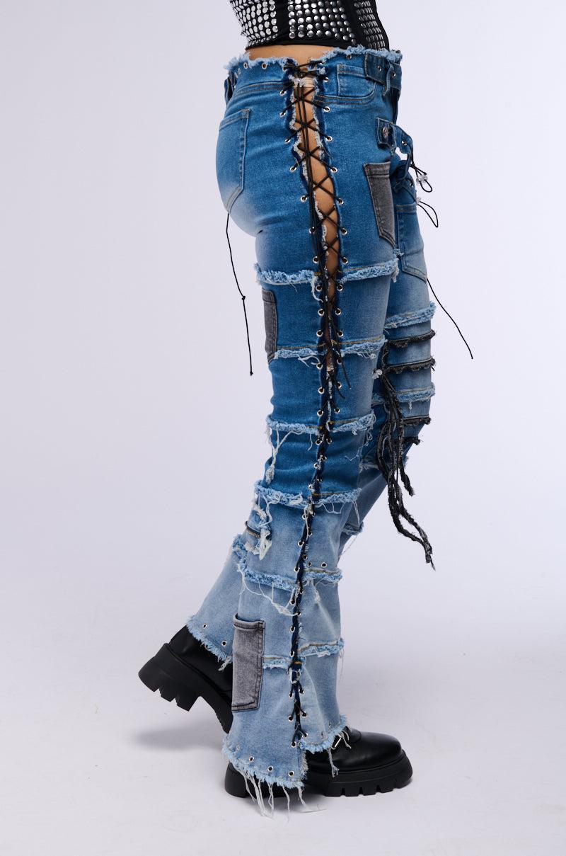 LAY LOW DISTRESSED DENIM FLARE PANT Product Image