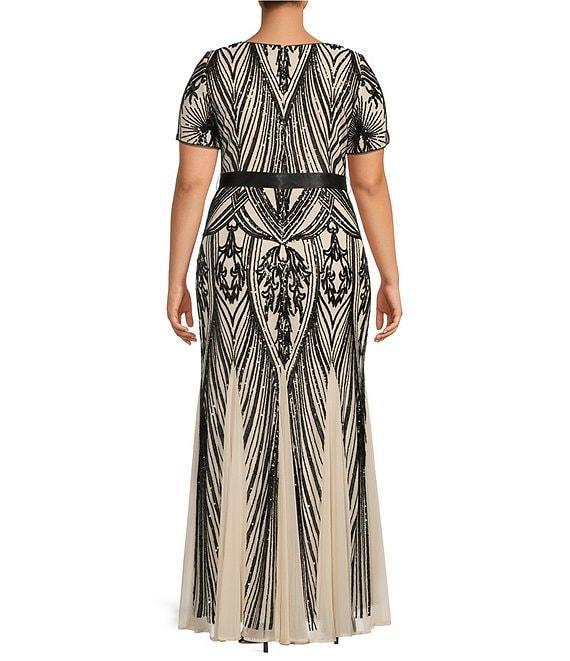 R & M Richards Plus Size Short Sleeve Sweetheart Neck Embellished Sequin Gown Product Image