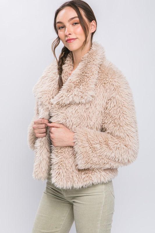 Taupe Mid Length Faux Fur Open Front Jacket (Small to Large) Product Image