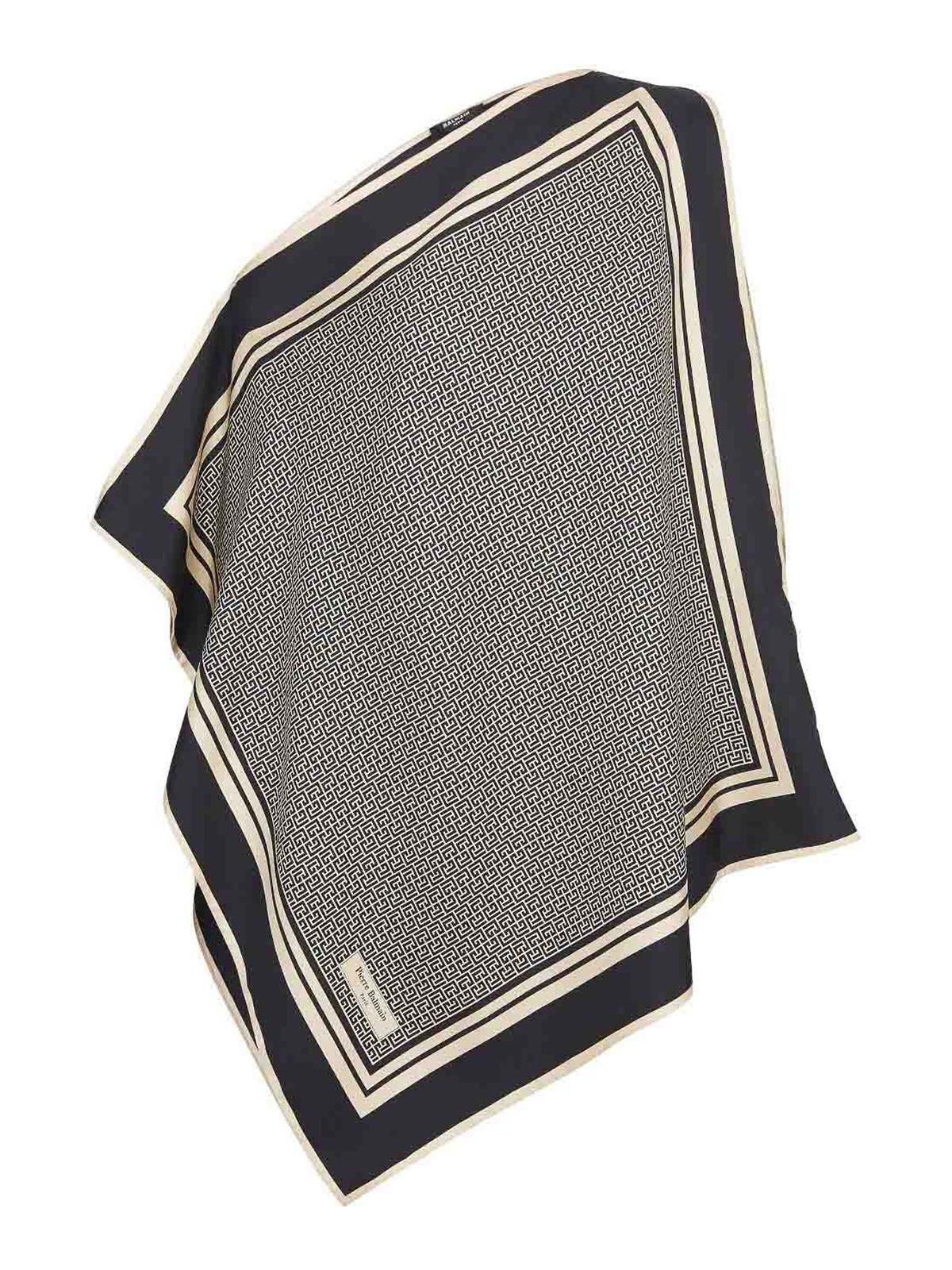 BALMAIN Asymmetric Monogram Silk Scarf Top In Ivory Black Product Image